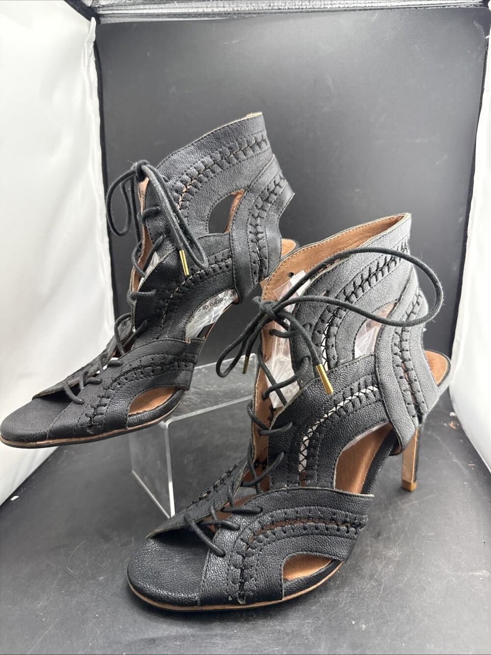 Joie Women’s EU 39 Black Leather Lace Up Gladiator Heels Sandals Open Toe